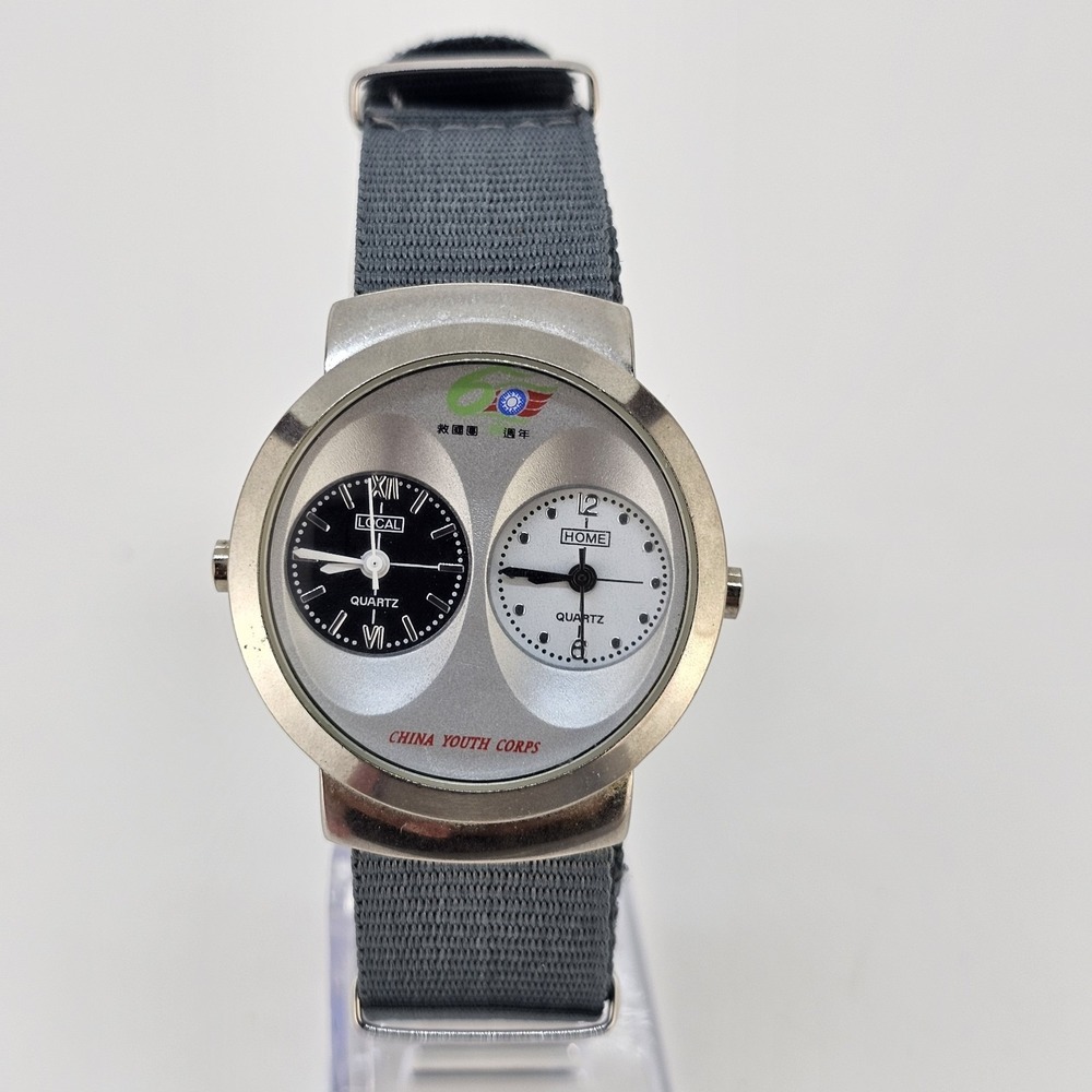Men's Dual Time Watch 37MM Black White Dial New Gray Canvas Band New Battery